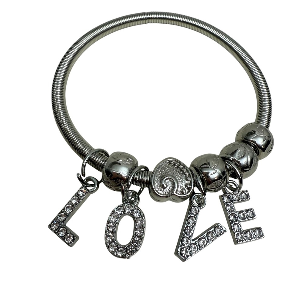Silver Tone Charm Bracelet LOVE Rhinestone Stretch Bangle Fashion Jewelry Size 7